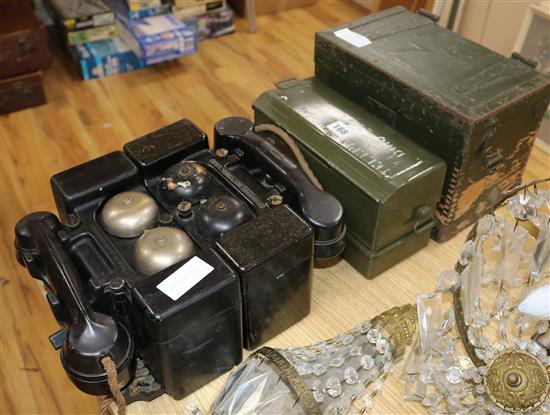 Three British military field telephone set F (one boxed) and a similar telephone set J